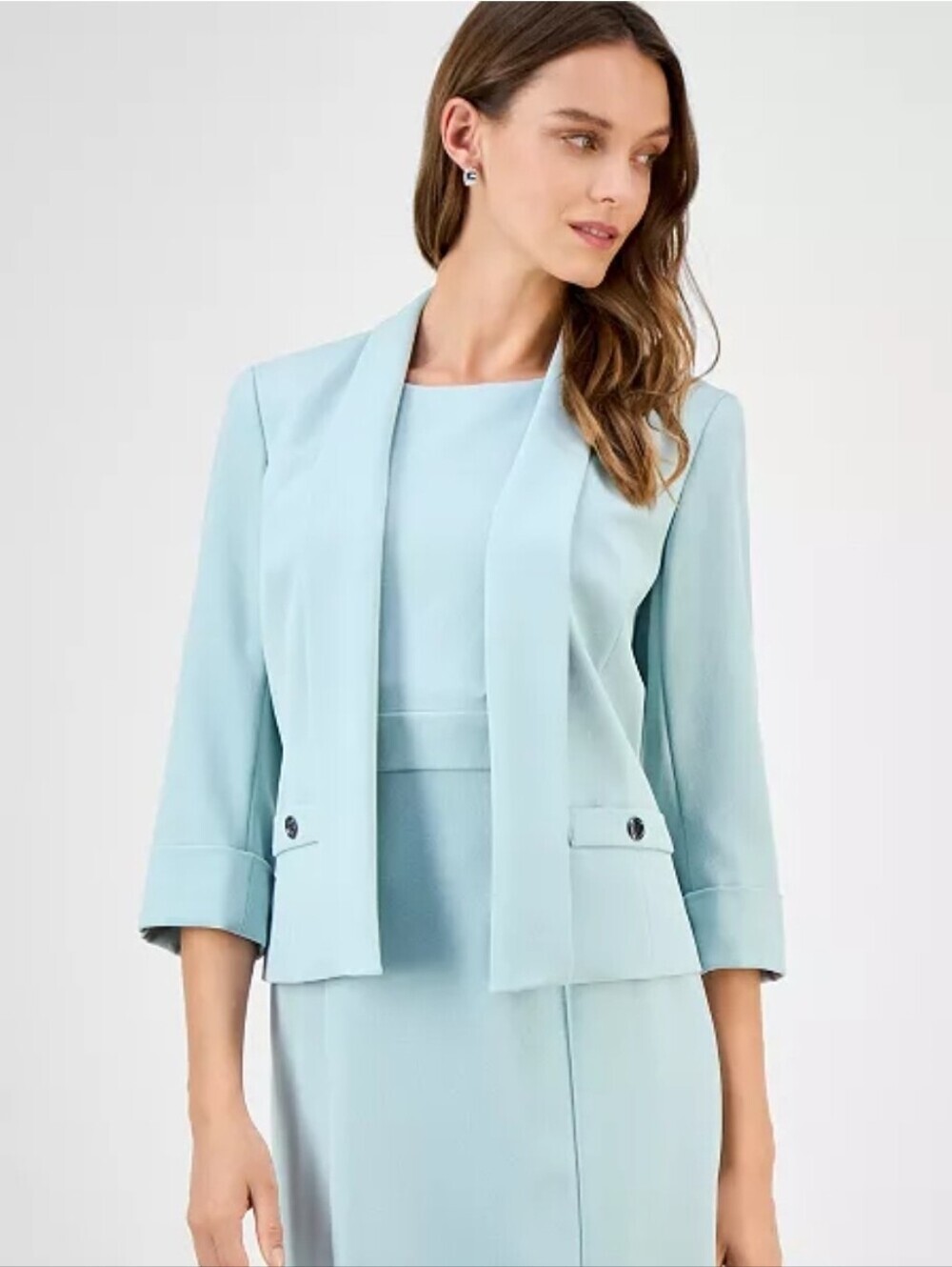 Kasper NWT Sea Glass Green Shawl Collar 3/4 Cuff Sleeve Open Front Blazer